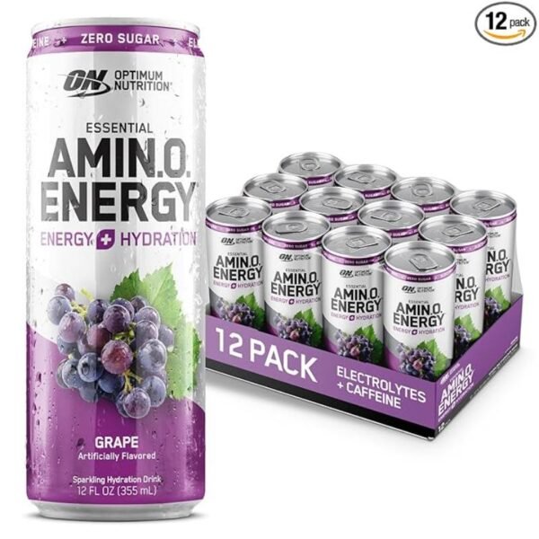 Optimum Nutrition Amino Energy Sparkling Hydration Drink, Grape, 12 Fl Oz, 12 Pack