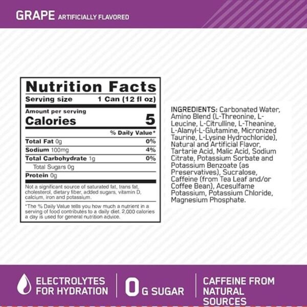Optimum Nutrition Amino Energy Sparkling Hydration Drink, Grape, 12 Fl Oz, 12 Pack - Image 3